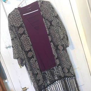 Plum Top with cutouts AND black floral kimono